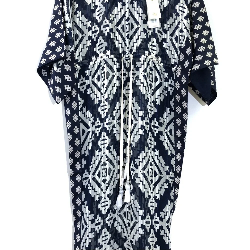 TORY BURCH Beatrice Blue White Geometric Fringe Caftan Beach Cover Up Dress